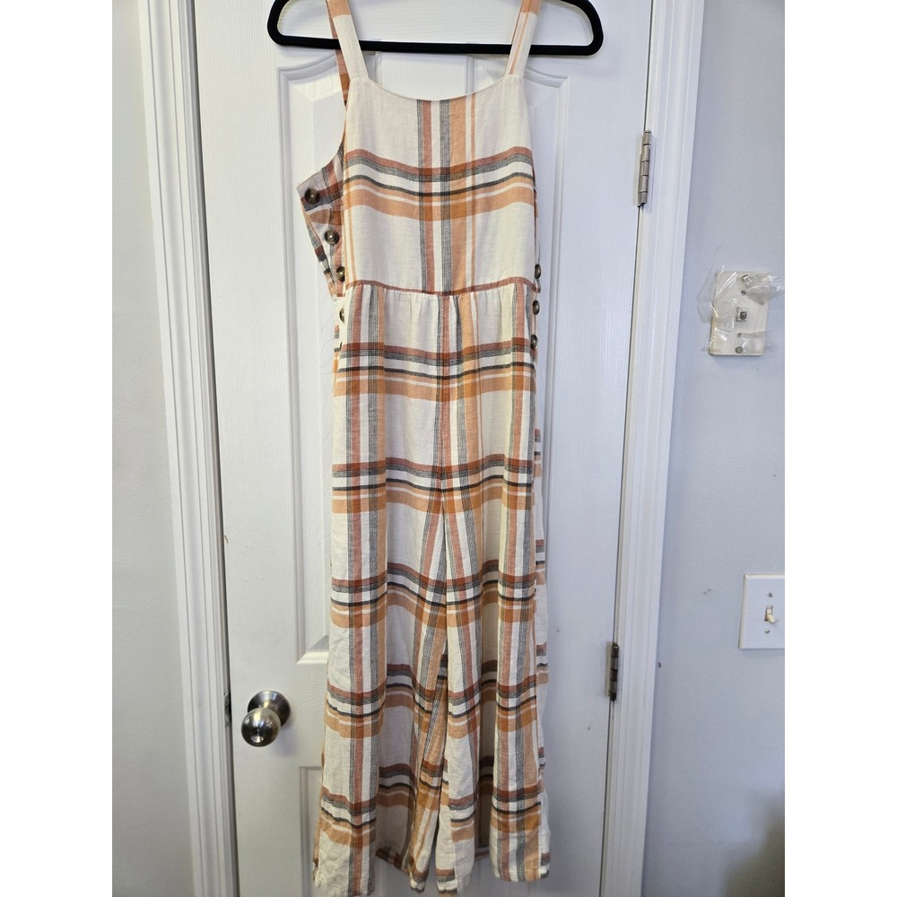 American Eagle Plaid Wide Leg Jumpsuit Orange Tan Cotton Linen Size 8 Earthy